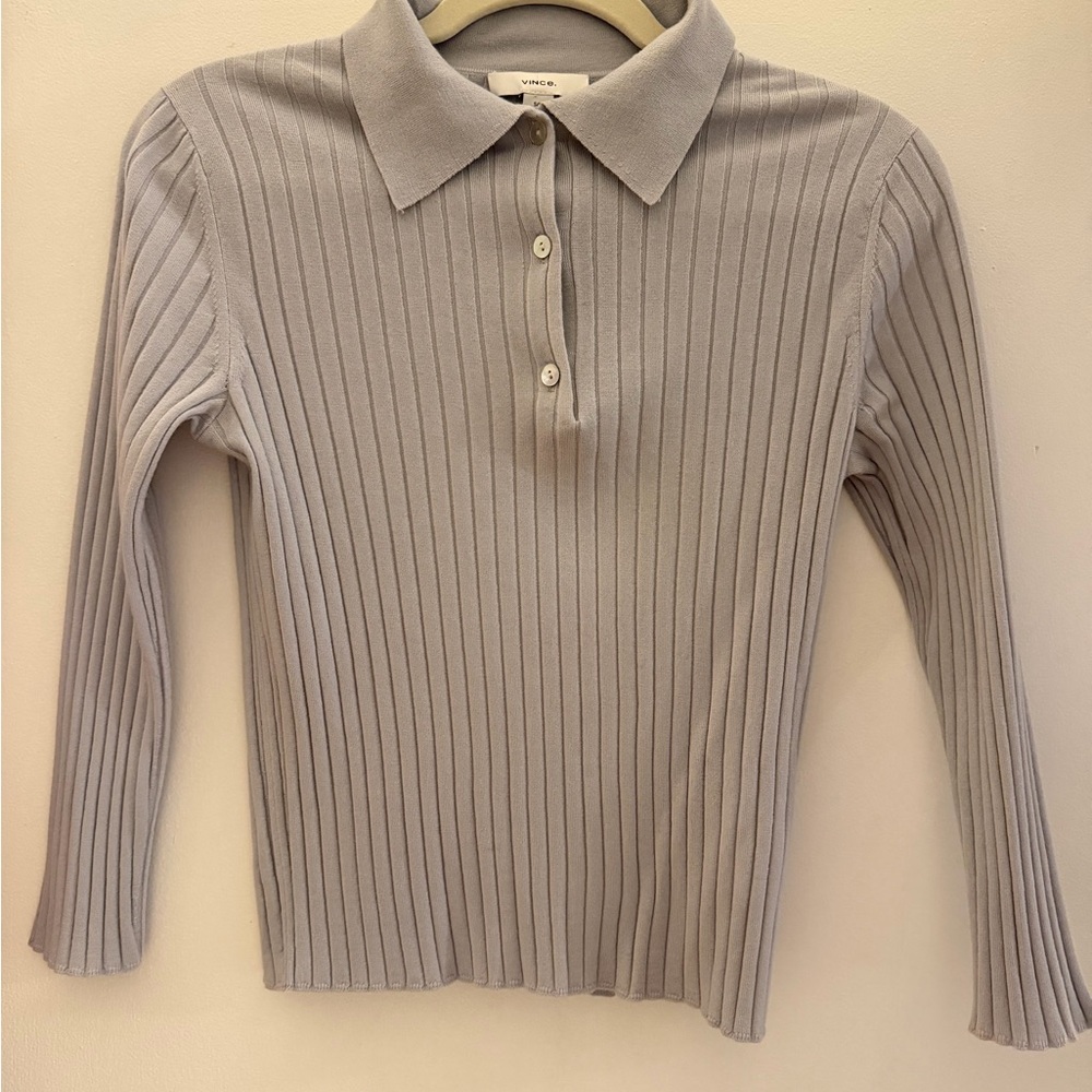 Vince Light Gray Ribbed Polo Knit Sweater